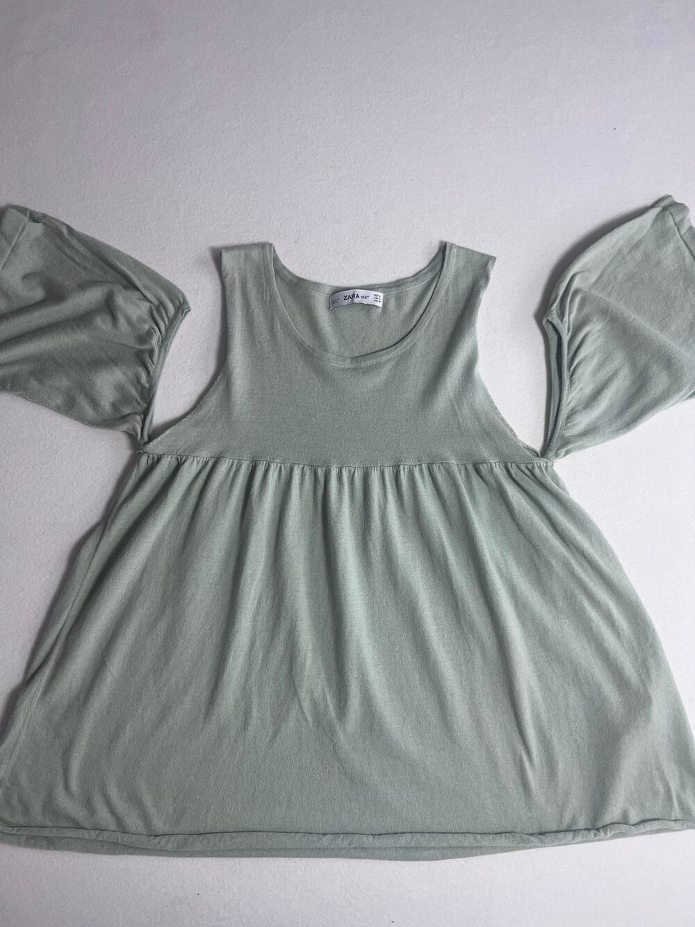 Zara Knit Womens S Sage Green Cold Shoulder Babydoll Top 100% Cotton Boho
